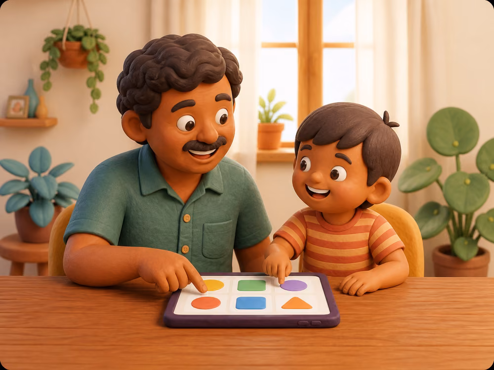A child and his dad happily playing a shape-matching game together