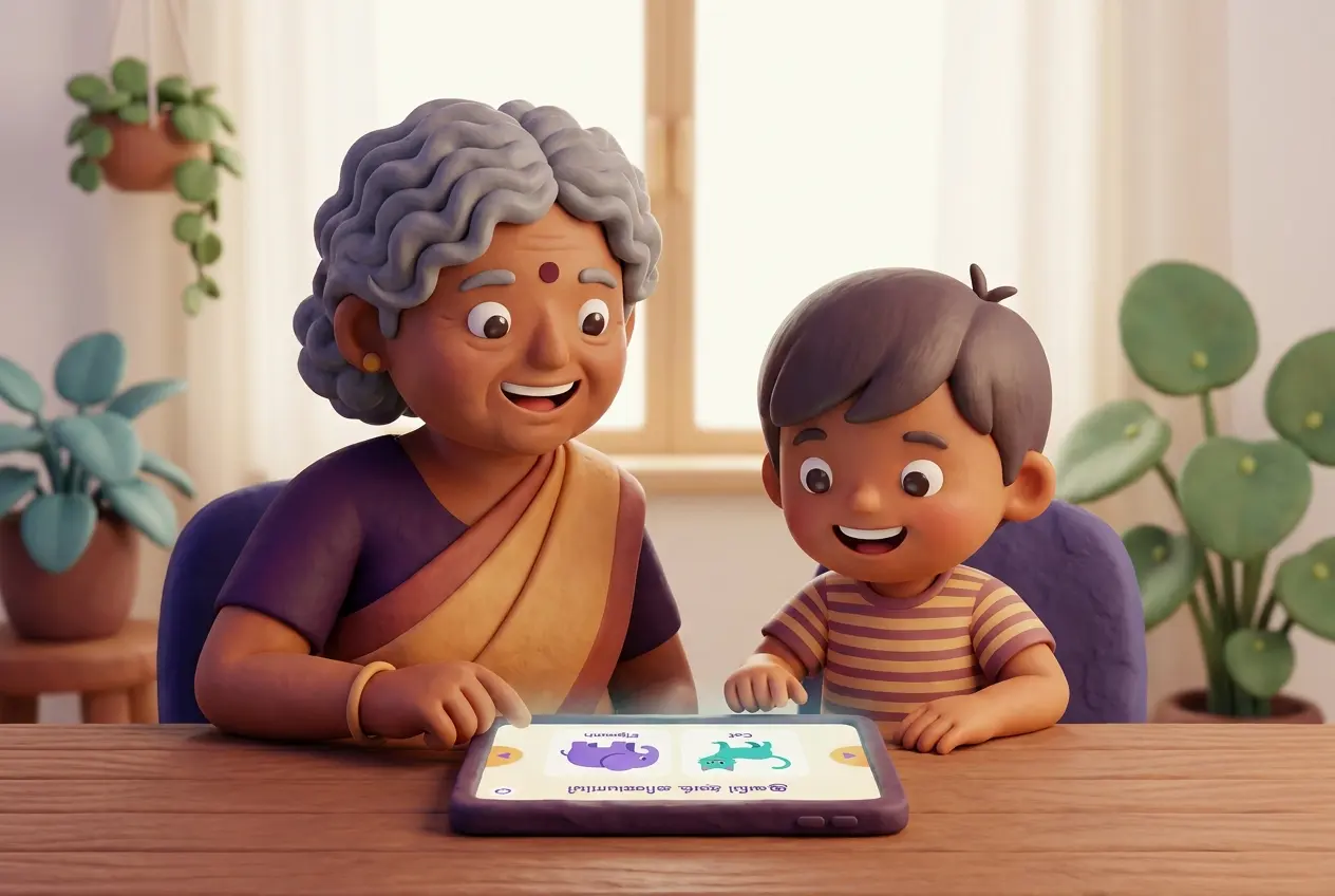 A grandmother and a young child playing a Tamil matching activity on a tablet