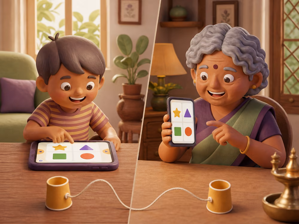 A child and grandmother sharing the same matching game from different homes