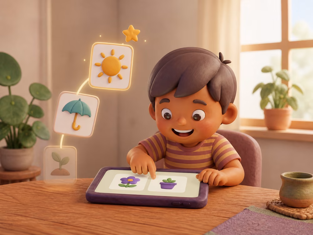 A child completing a small practice game beside a gentle path of memory cards