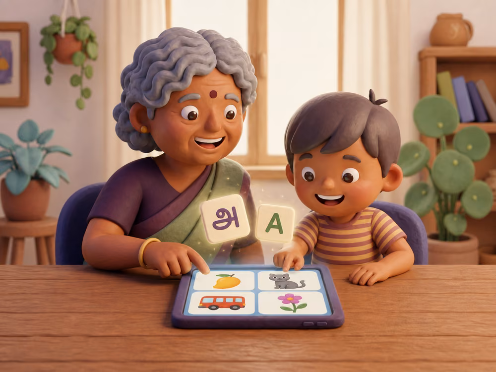 A child and grandmother playing a picture game with Tamil and English letter tiles