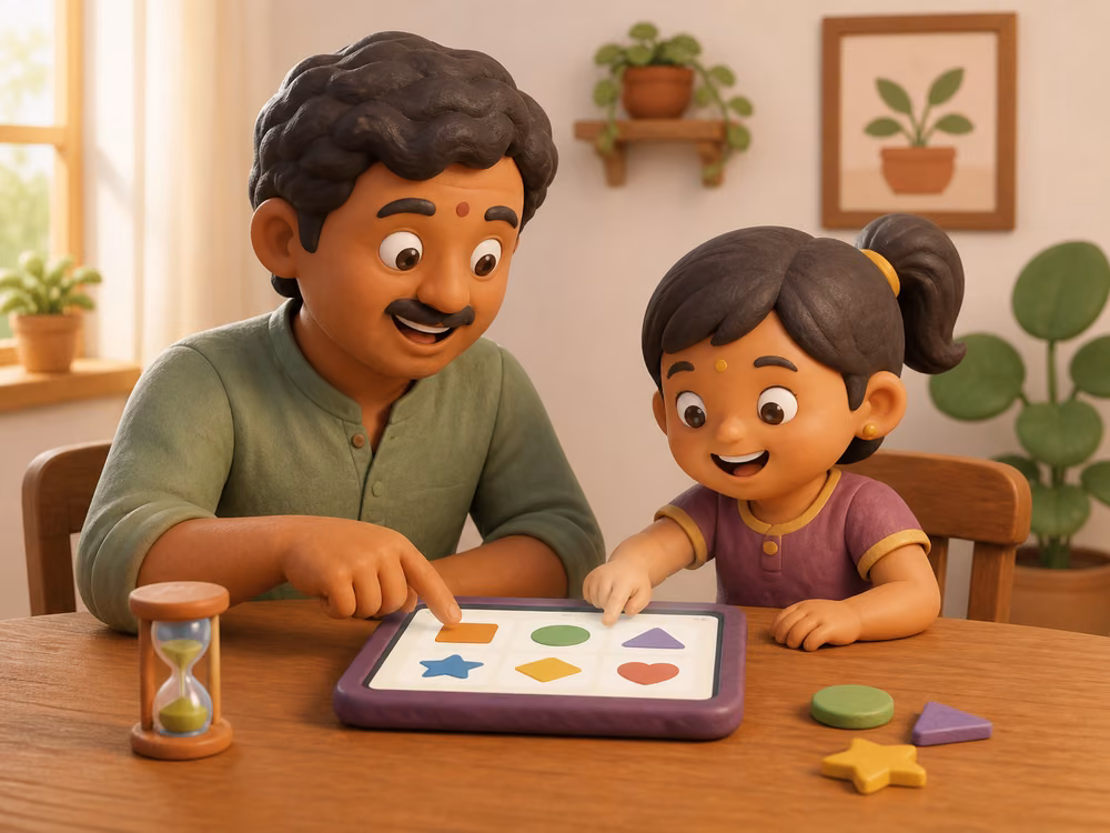 A child and father sharing a quick shape-matching game at the table